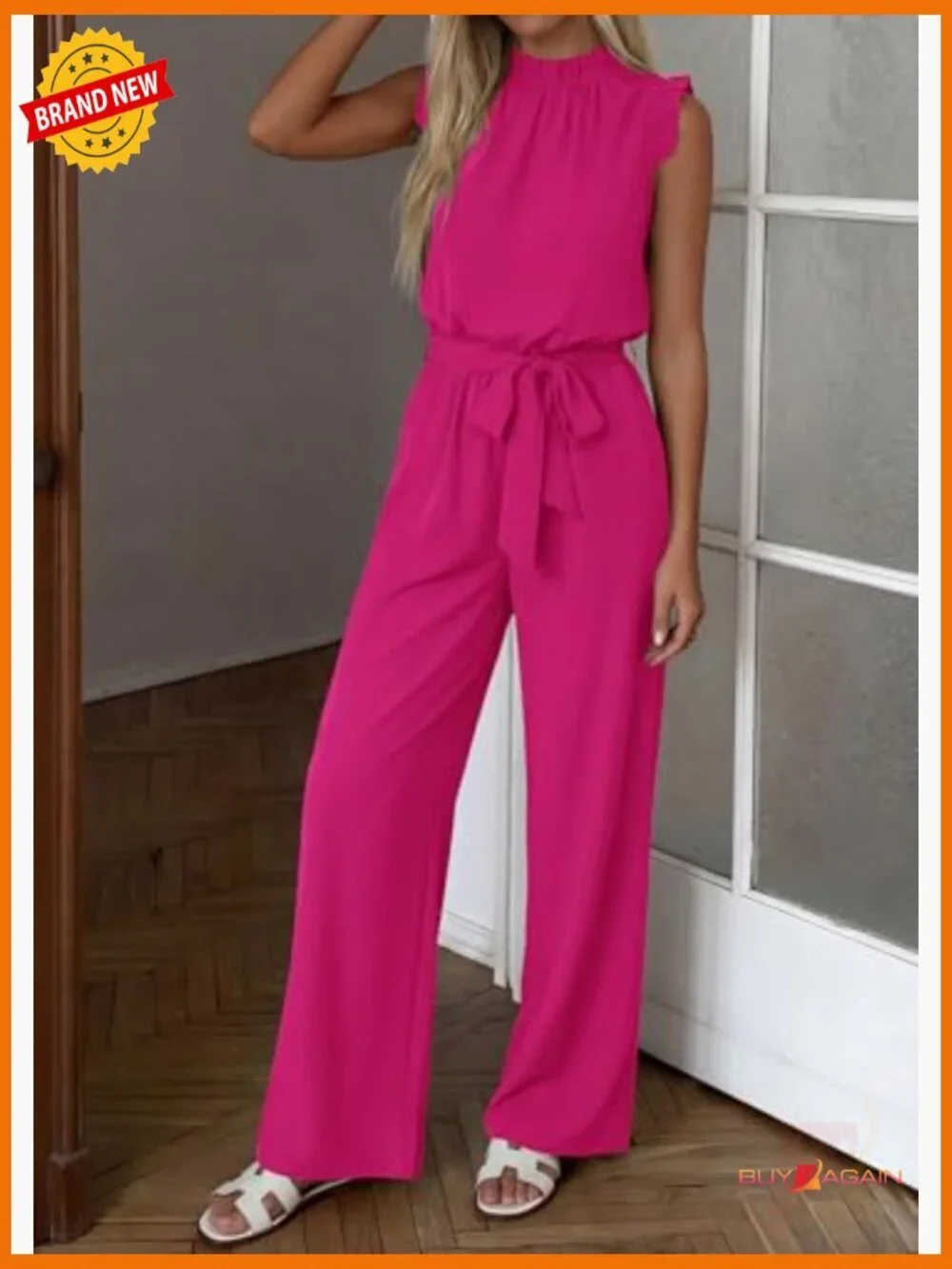 Dressy Jumpsuit with Ruffle Mock Neck, Pockets, & Belt